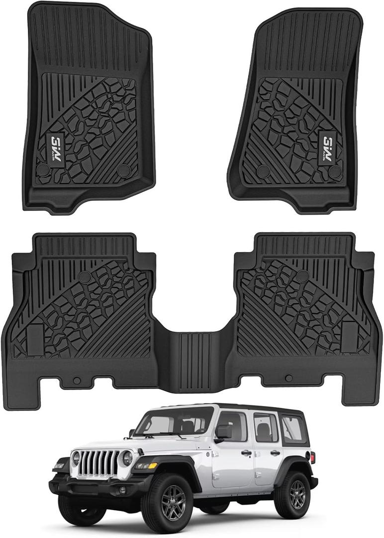 3W Floor Mats Compatible for Jeep Wrangler JL 2018-2024 2025 Unlimited 4-Door Sahara Willys Rubicon(Non JK or 4XE) All-Weather TPE Floor Liner for 1st and 2nd Row Full Set Car Mats, Black