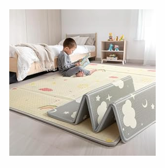 Mallify Extra Large Foldable Play Mat, Reversible Baby Play Mat with Edge Reinforcement, Non-Toxic & Waterproof Baby Mat for Floor, Foam Playmat with Travel Bag, Rainbow, Cloud & Moon, 79"x71"