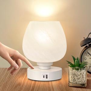 Bedside Table Lamp - Touch Small Lamp for Bedroom Nightstand, 3-Way Dimmable, USB A+C Charging Ports, White Opal Glass Shade, Warm LED Bulb Included (1 Pack - USB)