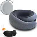Travel Neck Pillow with Memory Foam & Chin Support – Includes Cute Macaron EVA Water-Resistant Carry Case, Eye Mask & Ear Plugs (Dark Grey)