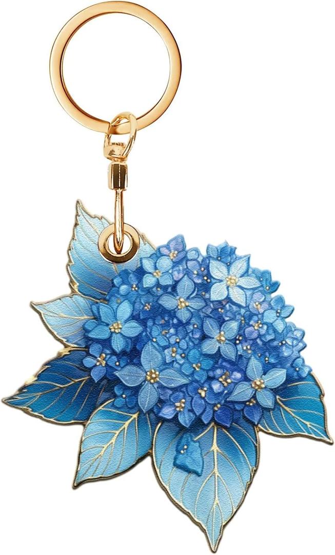 Blue Hydrangea Leather Keychain Holder for GPS Tracker,Stylish Blue Protective Case with Key Ring,Suitable for Luggage,Pet Collar,Backpack,Anti-Lost Design