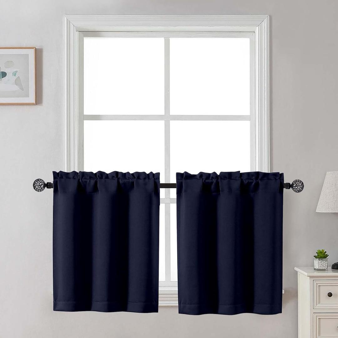 Gwine 24 Inch Long Tier Curtains for Small Window, Short Blackout Kitchen Curtains Over Sink, Half Window Drapes for Bedroom Bathroom Basement, 2 PCS, Each 30" Wx24 L, Navy Blue