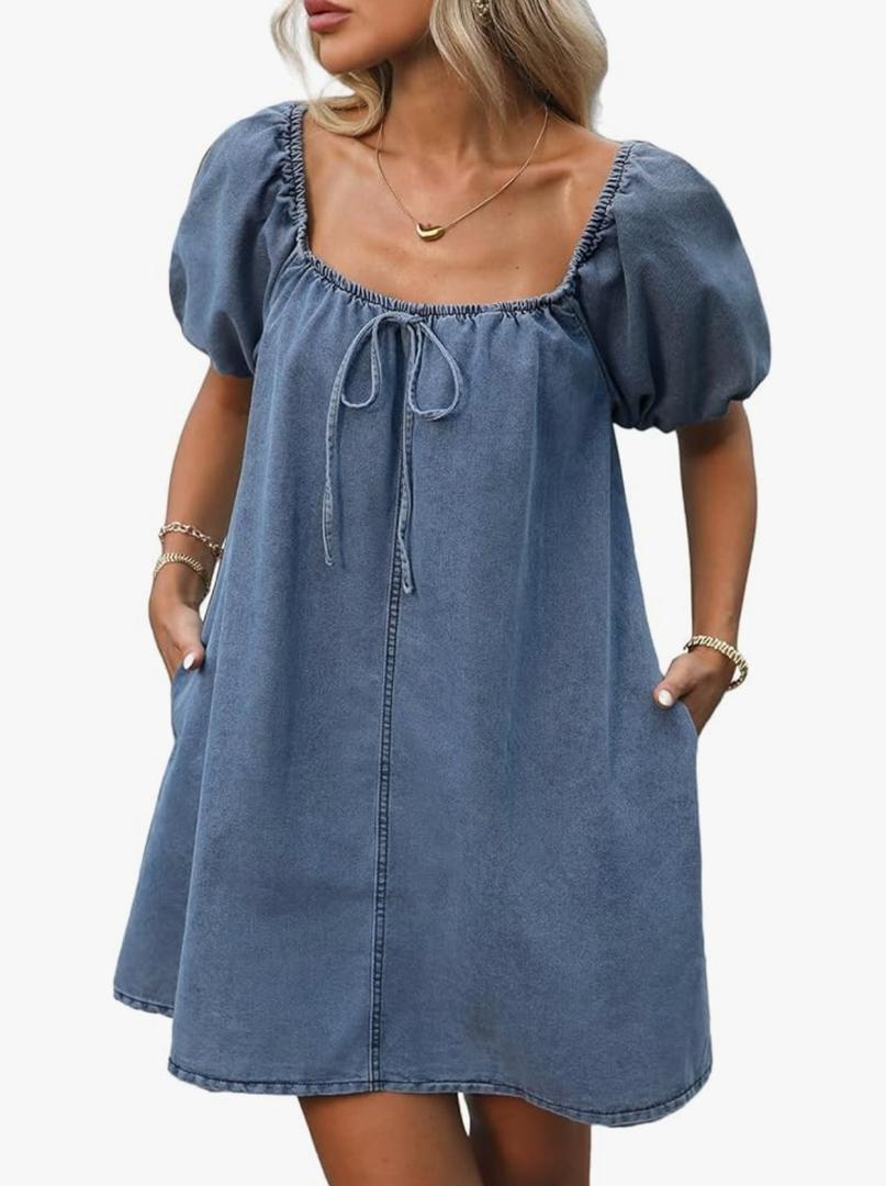 Women's Summer Denim Dress Puff Short Sleeve Square Neck Loose Jean Mini Dresses with Pockets, Medium