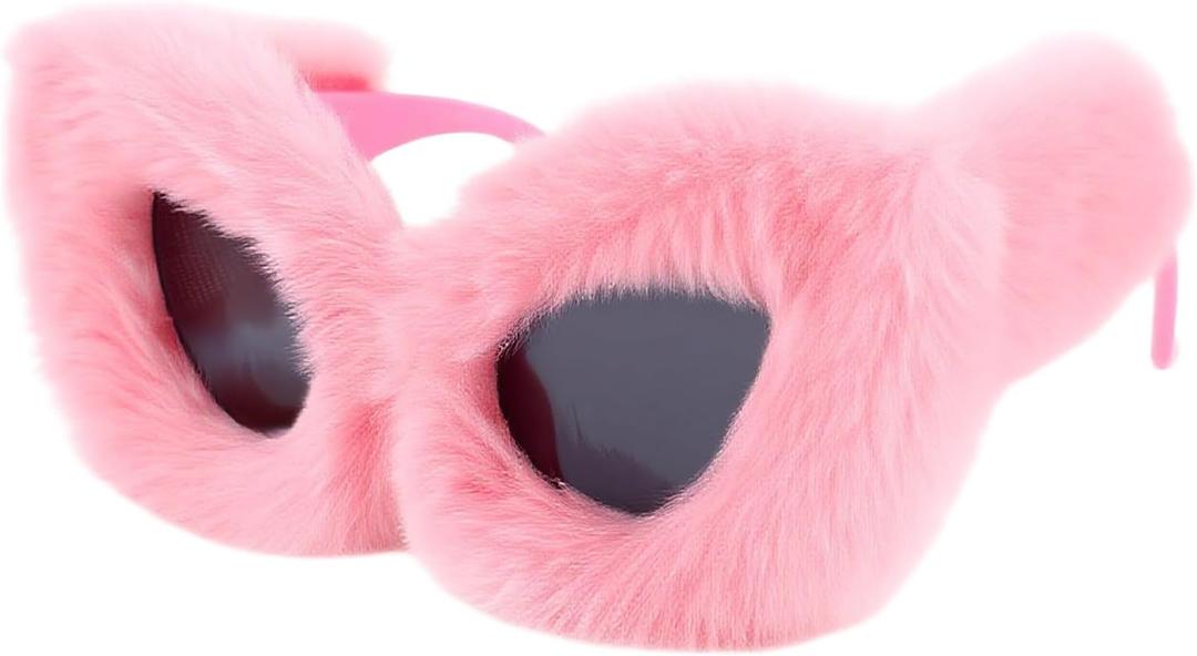 Women Fuzzy Cat Costume Sunglasses Halloween Christmas Punk Shades Party Cosplay Masquerade Eyewear Accessories (Pink)