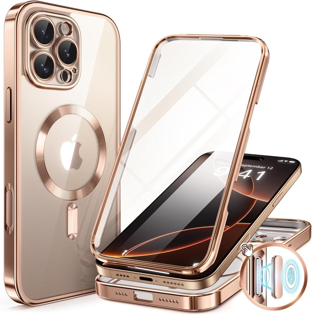 BERFY Magnetic for iPhone 16 Pro Max Case, Compatible with MagSafe, [Built-in 9H Tempered Glass Screen Protector & Upgraded Camera Protection] Full Body Plating Phone case for 16 Pro Max,Desert Gold