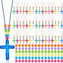 Equsion 624 Pcs Crystal Cross Necklace Plastic DIY Easter Christian Religious Party Favors for Kids Include 48 Pcs Crystal Cross Necklace with 576 Colorful Bead for Christian Easter Bible Prize Favor