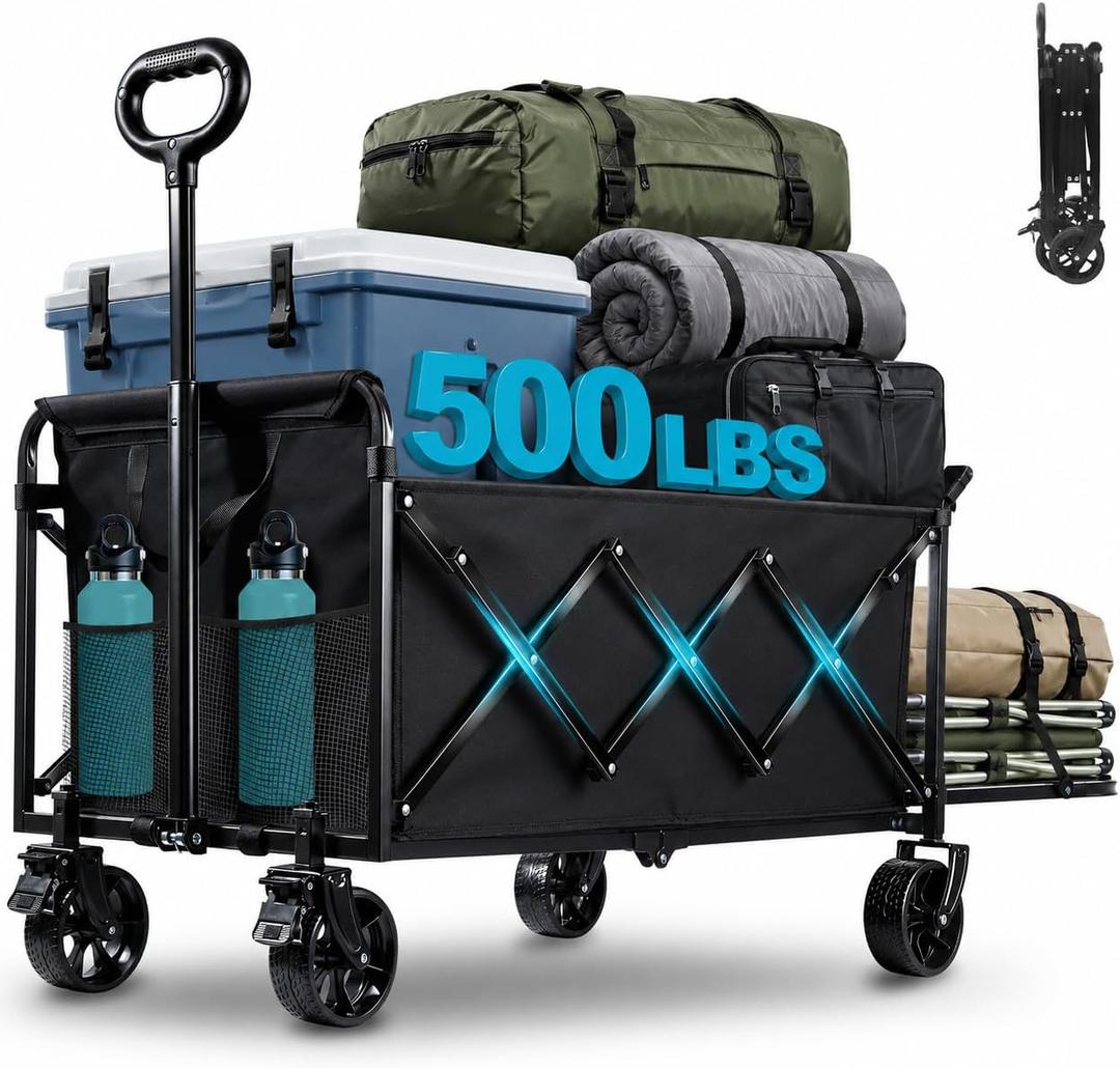 Collapsible Wagon Cart, 300L Folding Wagon with Tailgate & Brakes