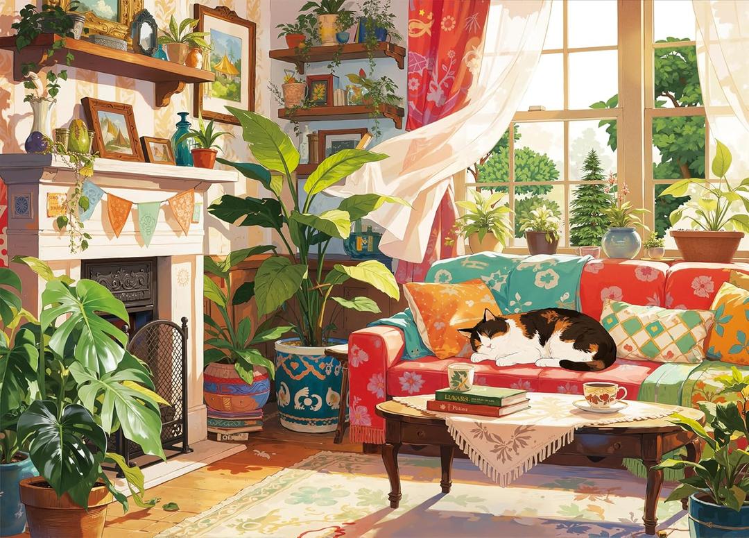 Cat Cozy Puzzles 1000 Piece Jigsaw Puzzle for Adults, Puppy Kitten Plants Jigsaw Puzzles with Letters on Back, Impossible Challenging Hard Colorful Modern Art Puzzles Home Decor, 27.5 x 19.7 Inch
