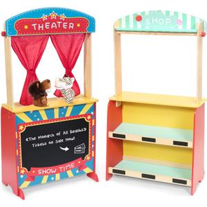 Wooden Puppet Theater Bonus 2 Hand Puppet, Double-Sided Lemonade Stand & Puppet Show Theater for Kids, Wood Deluxe Children Puppet Theatre Toy with Chalkboard