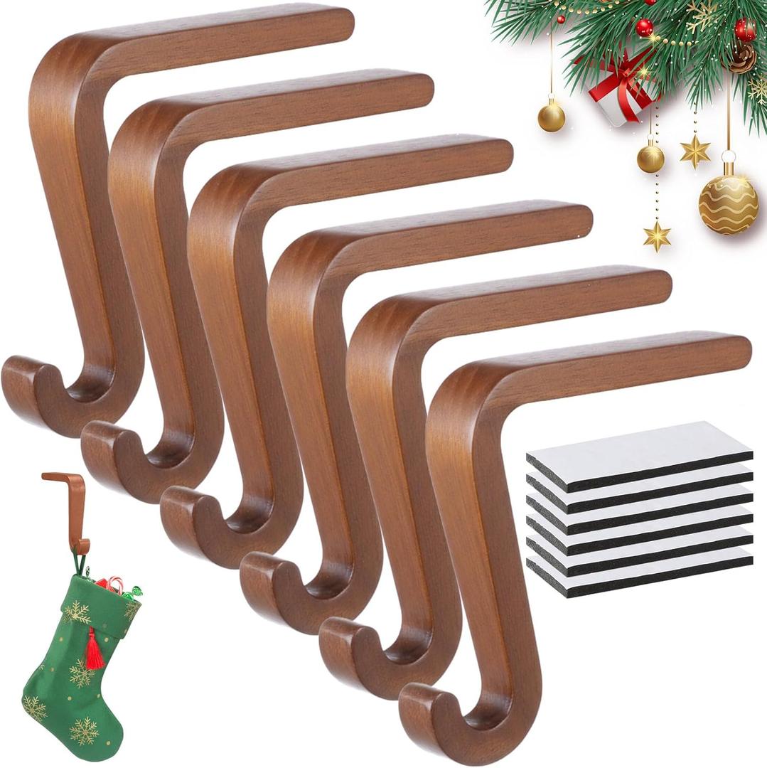 Thyle 6 Pcs Wooden Christmas Stocking Holders Mantel Hangers Hooks Set with Anti-Slip Strips Wood Grain Fireplace Stocking Holders Safety Xmas Mantle Grips for Fireplace Tabletop Shelf Party Decor