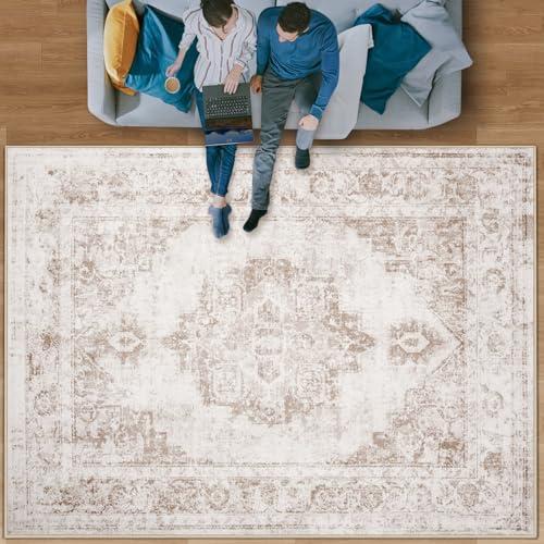 Area Rug 9x12 Vintage Rug: Large Washable Indoor Medallion Rug Low Pile Distressed Floor Carpet Retro Accent Rug for Living Room Bedroom Kitchen Dining Table Home Office(Beige, 9'x12')