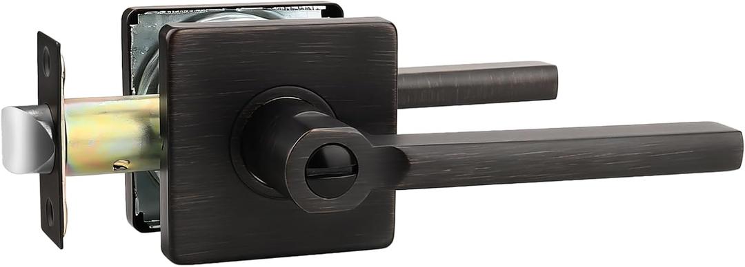 Probrico 1 Pack Door Handle Square Privacy Bed/Bath Lever, Keyless Lever with Adjustable Backset Latch Oil Rubbed Bronze Finish