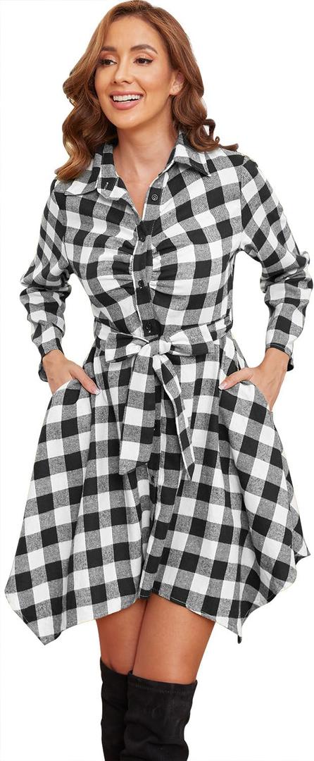 FANCYINN Women Long Sleeve Plaid Pattern Tunic Tops Shirt Casual Dress (Small, B-pleated Front Chest Black White Plaid) XL