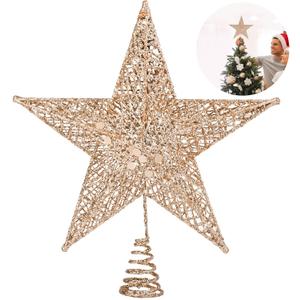 Fovths Christmas Tree Topper 8 Inches Metal Glittered Christmas Tree Topper Wire Star Treetop Sparkle Xmas Decoration for Christmas Tree Ornament Indoor New Year Holiday Party Supplies (Rose Gold)