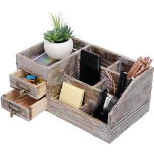 Liry Products Rustic Torched Wooden Desktop Organizer Dark Brown Tabletop Storage Cabinet Stepped Rack Multiple Compartments 2 Tier Drawers Makeup Accessory Sorter Display Box Home Office Supplies