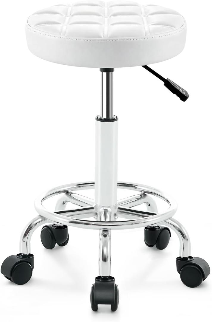 Rolling Stool with Wheels - Swivel Small Office Chair with Footrest, PU Leather Shop Stool for Office Spa Studio Lab Counter Salon Home Work Bar Kitchen Shop Teach Medical Facial, White