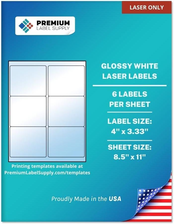 Premium Label Supply Glossy White Sticker Labels  4" x 3.33"  (6 per Sheet) (Glossy White for Laser Only, 150 Labels)