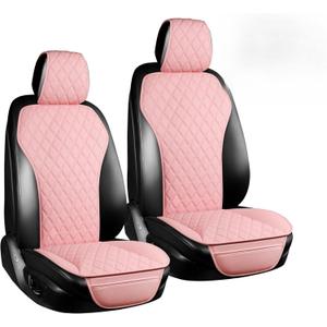 BaoLL 2PCs Front Car Seat Covers, Leather Seat Covers with Steering Wheel Cover and Two Seat Belt Pads, Waterproof Seat Covers for Cars Universal Fit 95% Vehicles (Pink)
