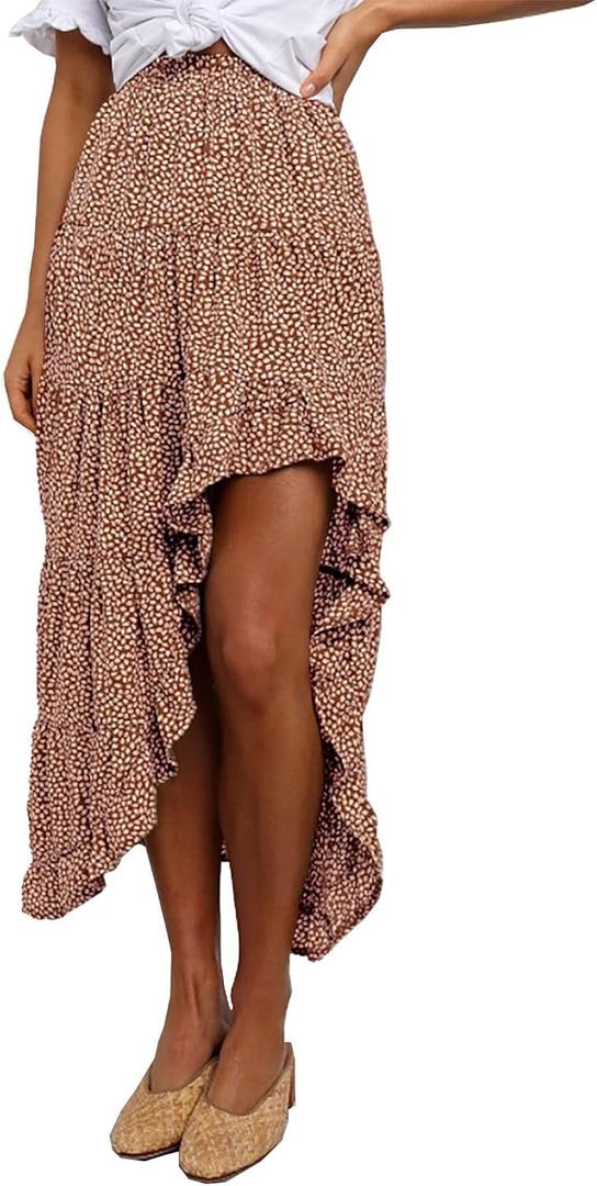 BTFBM Women 2026 Spring Summer Long Skirts Dress Boho Floral Elastic Waist Split Ruffle High Low Beach Maxi Skirt Clothes (S)