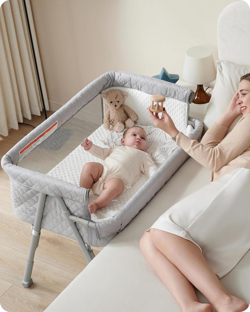 Bassinet Bedside Sleeper, Baby Crib for Newborn, Baby Bassinets Bedside Sleeper with 4 Auto-Lock & Adjustable Height, Breathable Mesh & Mattress, Bedside Bassinet