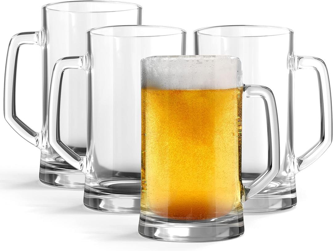 KooK Beer Mugs, Glasses Set of 4, 12.7 Oz, Clear Large Mugs, Gift for Men, With Handles, Large Drinking Cups for Tea, Coffee, Root Floats, Dishwasher and Refrigerator Safe, Durable