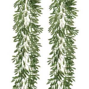 RECUTMS 2Pcs Artificial Olive Leaves Garlands 6.2Ft-Fake Hanging Silk Willow Leave Ivy Vines Faux Bayberry Leaf Twigs Greenery Rattan for Indoor Outdoor Wedding Birthday Party Home Garden Table Decor