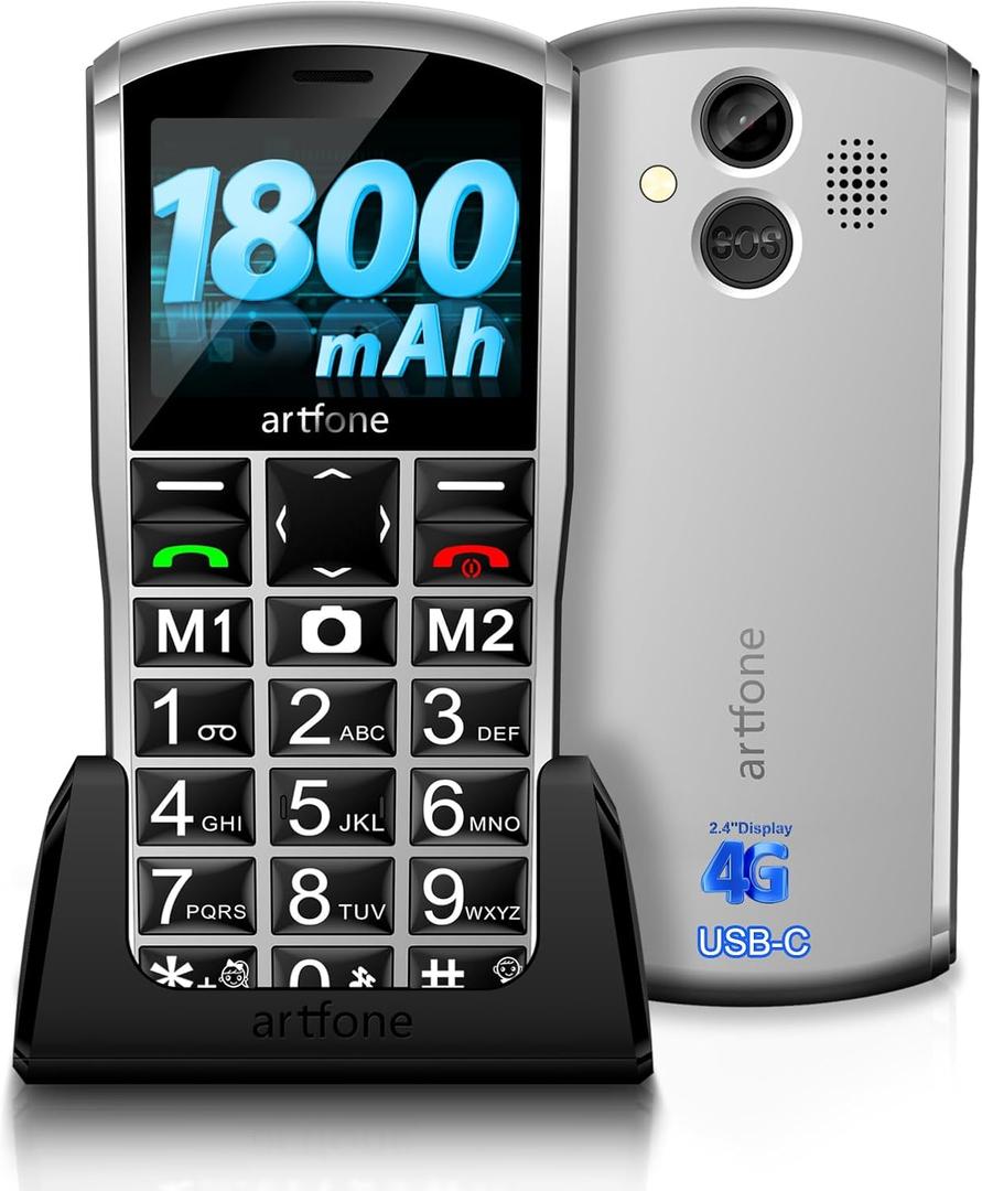artfone C1+4G Big Button Mobile Phone for ElderlyUSB-C, Charging Dock1801mAh BatteryEasy to Use Basic Elderly PhoneSIM Free Unlocked Senior Mobile PhoneSOS ButtonFM RadioTime Reporting - Black