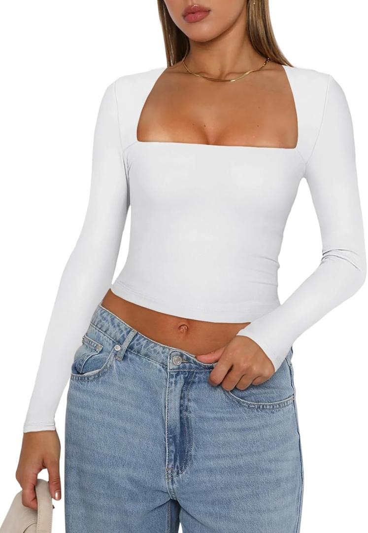 REORIA Women's Basic Sexy Square Neck Long Sleeve Y2K Going Out T Shirt Crop Top, S