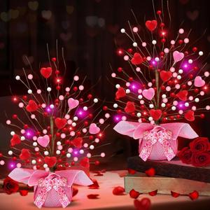 Valentines Day Decorations, Timer 2 Pack 18 Inch Lighted Valentines Tree Table Decor with 20 Red&Pink Lights, Battery Operated 3D Hearts&Berries Ornaments Pink Burlap Valentines Day Decor Home Office
