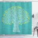 Ambesonne Tree of Life Shower Curtain, Doodle Tree Illustration Oriental Harmonious Design Mother Nature, Cloth Fabric Bathroom Decor Set with Hooks, 69" W x 70" L, Blue and Yellow Green