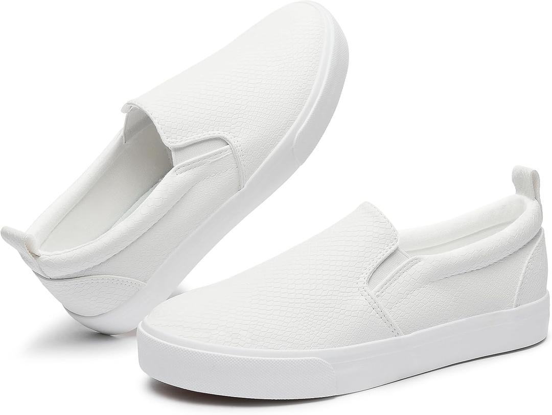 TUOPIN Womens Synthetic Leather Slip On Shoes,Padded Collar Slip on Sneakers for Women, Casual Loafers Walking Shoes (7, White)