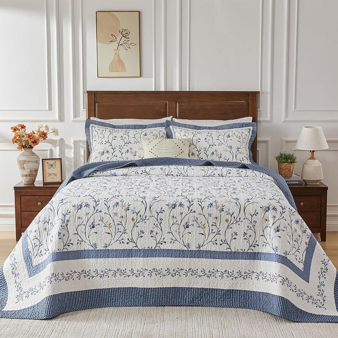 Oversized King Bedspread 120"x120" - 100% Cotton Lightweight All-Season Quilted Coverlet with Vine Floral Design - Elegant Farmhouse & Modern Bedding - California King Quilt Blue/White