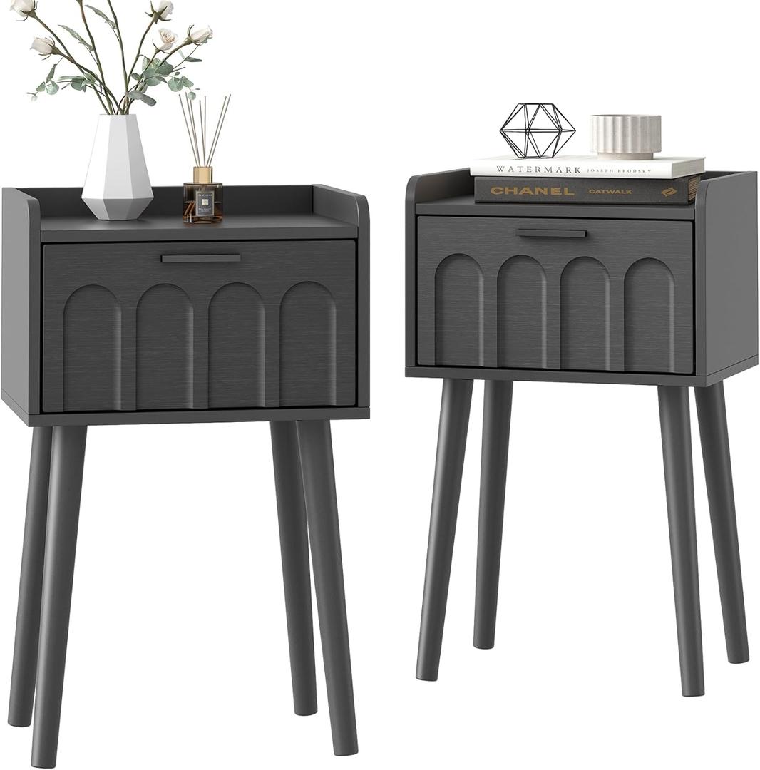 LAATOOREE Nightstand Set of 2, Mid- Century Small Side End Table with Arced Door, Bedside Tables with Solid Wood Legs for Bedroom, Living Room (Black)