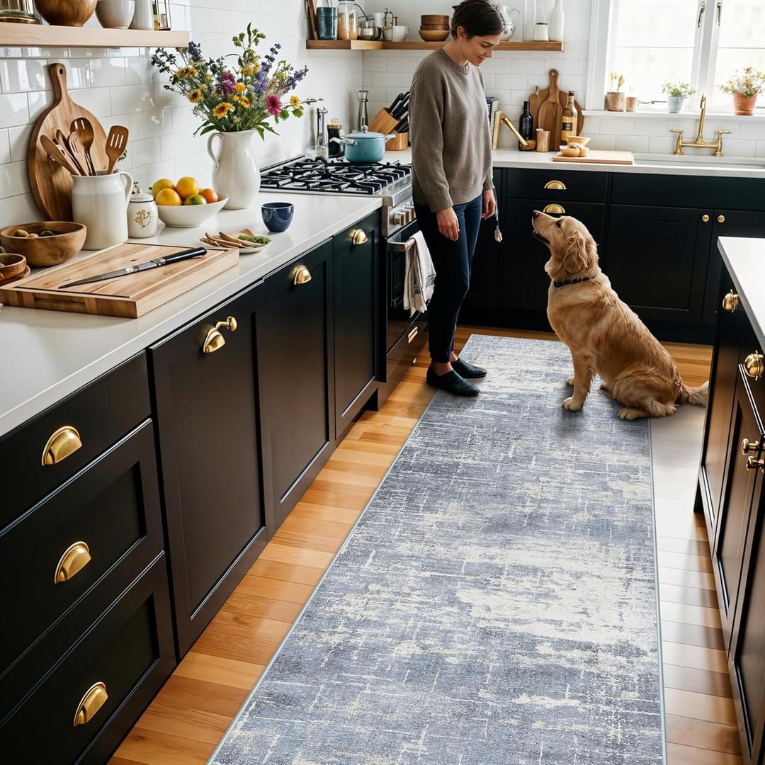 Hallway 2x10 Washable Runner Rug: Abstract Kitchen Stove Rugs Low-Pile Stain Resistant Entryway Area Rug Cozy Bedroom Soft Floor Mat Non-Slip Farmhouse Carpet for Bathroom Living Room(2x10,Blue/ivory)