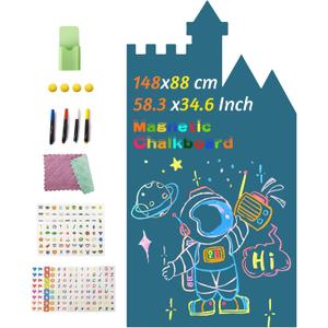 Magnetic Wall Decal for Kids, Magnetic Chalkboard Contact Paper for Wall, Playroom Essentials, Includes Dustless Chalks, Chalk Holder, Wipe Cloth, Stickers ( Blue Castle, 34.6" x 58.3")