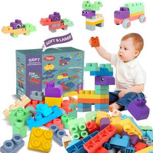 ROHSCE Baby Soft Blocks Building Block Toys, Blocks for Babies 6 Months and Up STEM Educational Toddler Gifts, Soft Rubber Baby Blocks 12-18 Months Big Building Blocks Sensory Toys, 70PCS