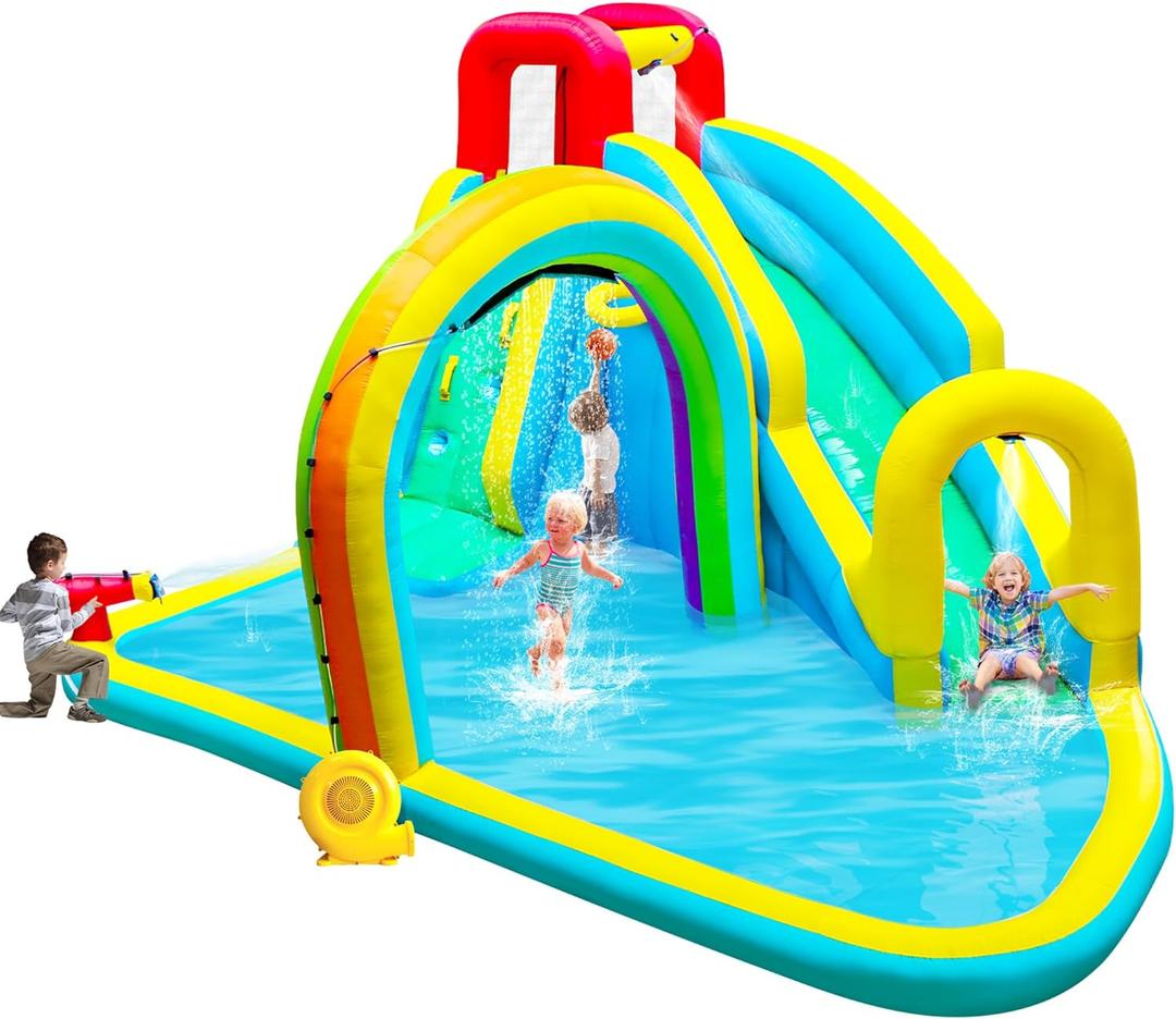 Inflatable Water Slide Park with Air Blower, Kids Bouncer House with Rainbow Sprinkler, Bouncy Castle for Climbing Wall, Splash Pool