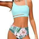 Queenstyle Girls Swimsuits Bikini Set Kids Cutout Bathing Suit Bikini Top Two Piece Girls' Swimwear (11-12 Years, Blue Plant)
