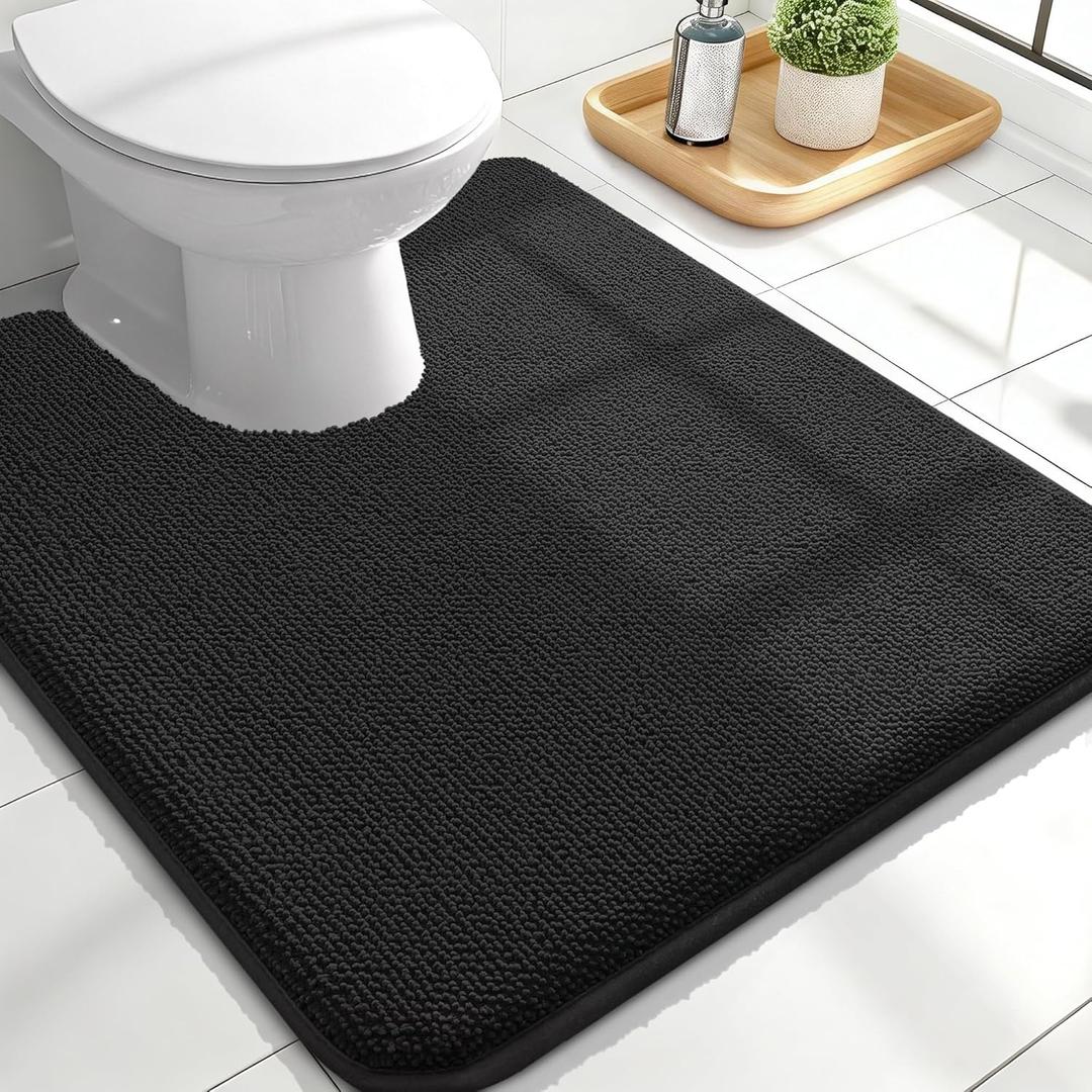 OLANLY Toilet Rugs U-Shaped 24x20, Extra Soft Absorbent Thick Memory Foam Contour Bathroom Rugs, Dry Quickly, Machine Washable, Non-Slip Toilet Bath Mat, Home Decor Accessories, Black