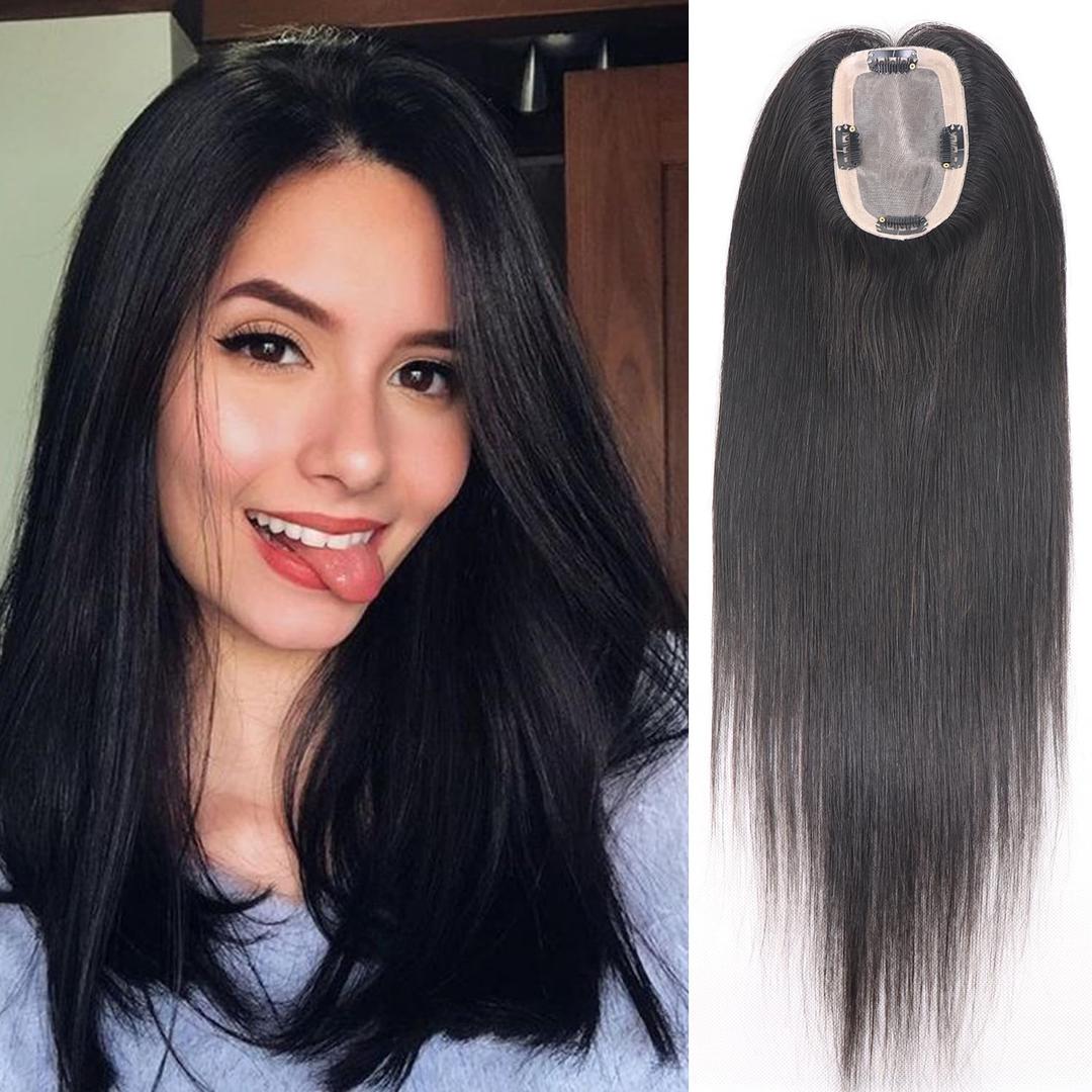 Natural Human Hair Topper for Thinning Hair for Women No Bangs 3x5 Inch Monofilament Large Bases Clip In Topper Wiglets Top Hair Pieces for Women with Slight Loss Coverage Hairpieces 16 Inch (#1B Natural Color)