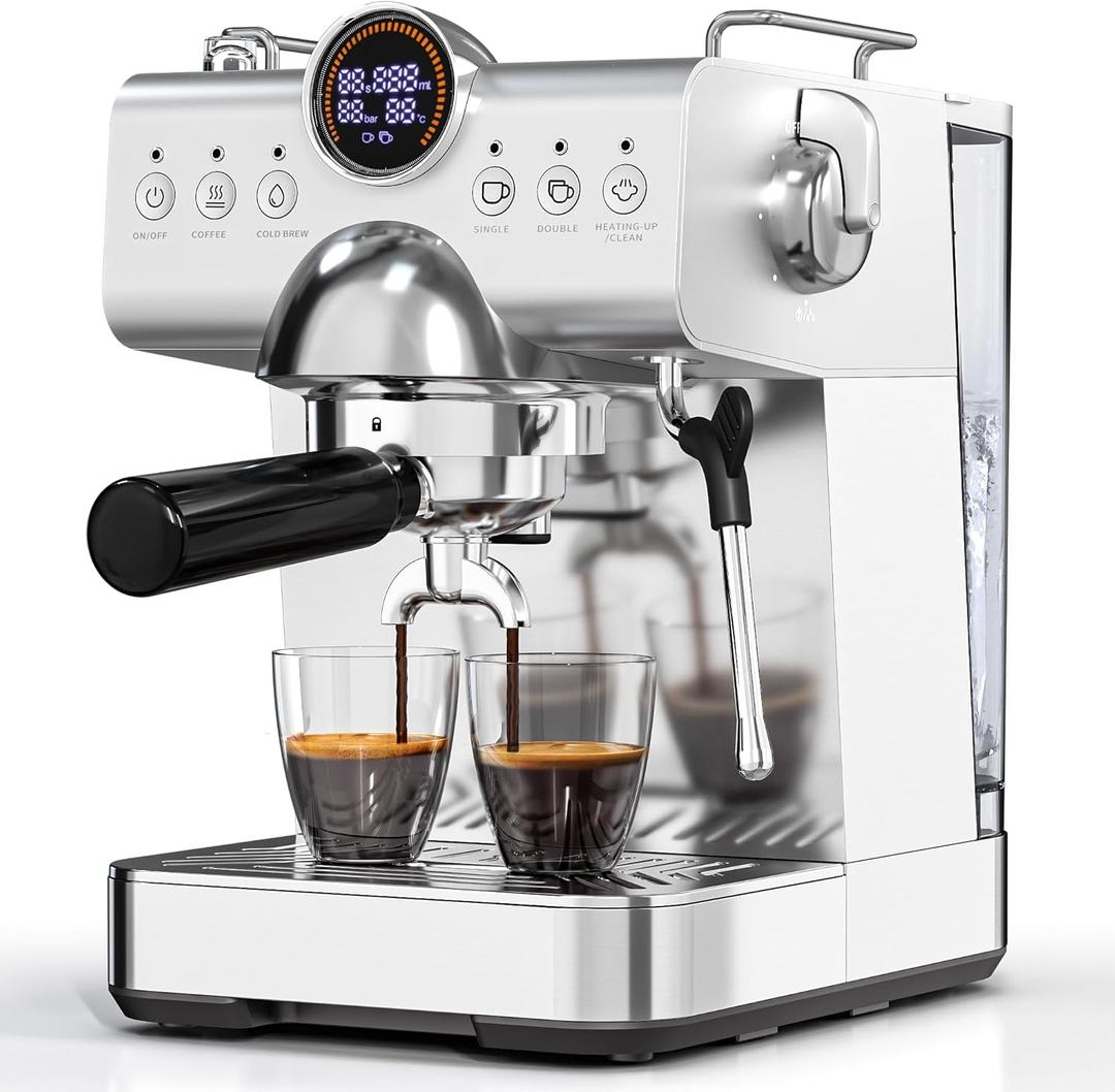 COWSAR Professional Espresso Machine 20-Bar Pressure, Cold Brew & Hot Coffee Maker with Steam Wand, 1.5L Detachable Water Tank, Energy-Saving Auto Sleep Mode, LED Display, Stainless Steel, for Home