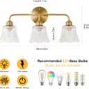 YUNICE 3 Light Bathroom Vanity Light Fixtures Brushed Gold Wall Sconce with White Glass Shade E26 Base Vintage Mirror Lights for Bathroom, Bedroom Antique Brass Wall Lamp, 3 light Glass flower Shade