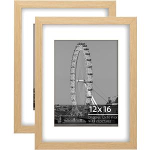 12x16 inch or 9x12 with Mat Poster Frame 2 Piece Set, Straight Wood Grain, Vertcial or Horizontal Display, Natural Oak, 12 x 16 in 2pk