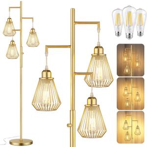 QiMH Industrial Floor Lamps for Living Room, Tree Standing Lamp with Stepless Dimmable, 68" Modern Tall Lamps for Bedroom Study Home Office, Rotary Switch, 3 LED Bulb Included, Gold