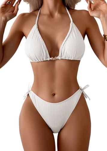Eomenie Ribbed Bikini Sets for Women Sexy Halter Triangle Top Two Piece Bathing Suit Tie Side Swimsuit, XS