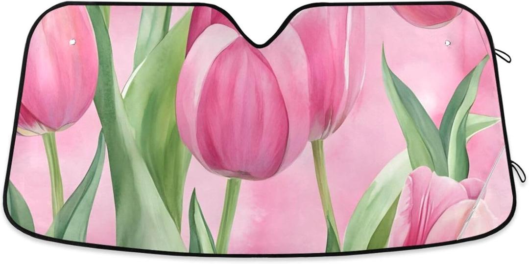 Car Sun Shade Pink Tulips Pattern Windshield Sunshade Protector for Small Car SUV Front Window