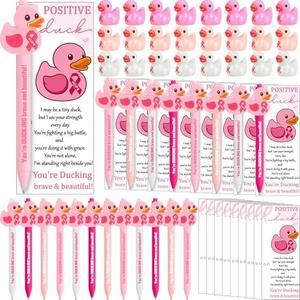 Resurhang 48 Sets Breast Cancer Awareness Gifts Breast Cancer Pens Bulk Pink Ribbon Ballpoint Pen with Inspirational Duck Supportive Greeting Cards Pink Ribbon Gifts for Women Survivor Party Supply