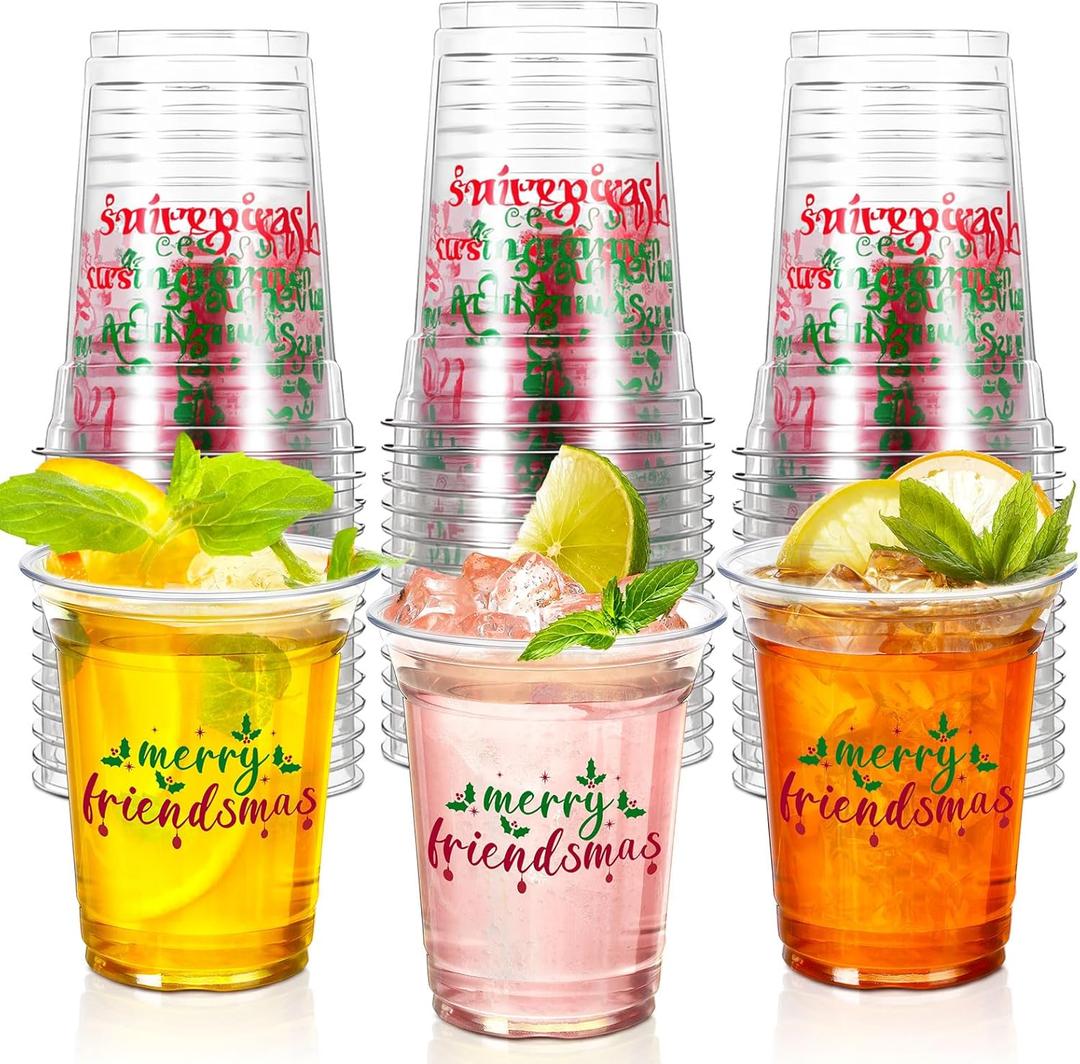 Potchen 50 Pack 12 oz Plastic Merry Friendsmas Cups Disposable Clear Christmas Cups for Christmas Friendsmas Party Decorations Supplies Xmas Holiday Office Home Tableware