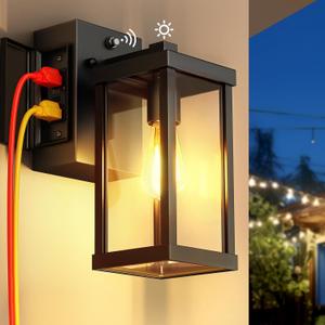 Porch Light with Outlet, Dusk to Dawn Outdoor Light with GFCI Outlet Porch Wall Sconce Waterproof Exterior Light Fixtures Outside for House Patio Garage Hallway (Black)