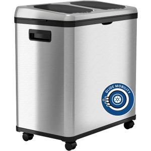 iTouchless 16 Gallon Touchless Sensor Kitchen Trash Can and Recycle Bin with Wheels, 61 Liter Stainless Steel Dual-Compartment (2 x 8 Gallon) Combo Recycling and Garbage Trashcan